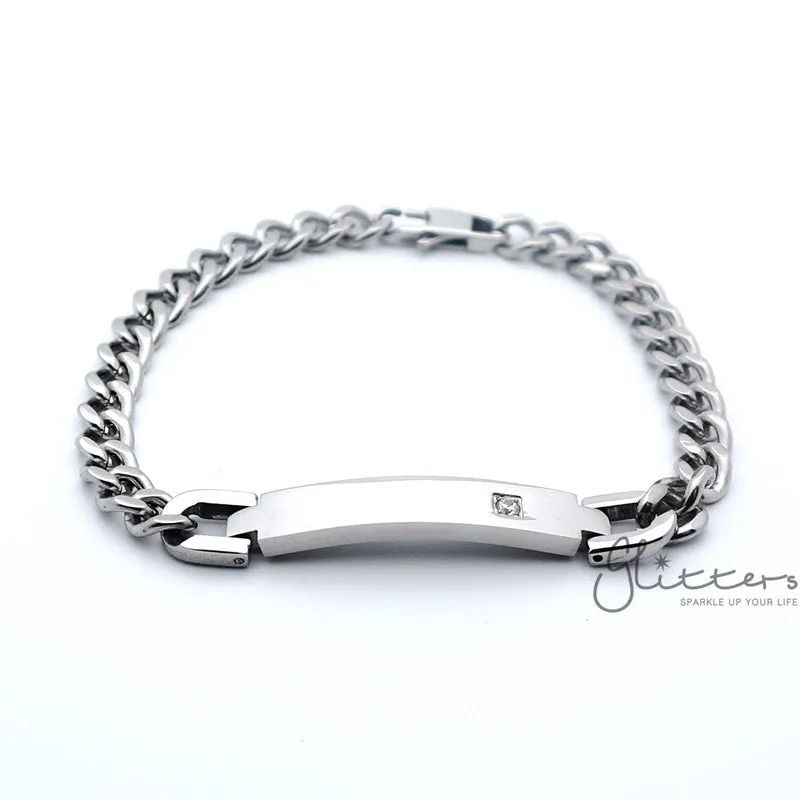 Stainless Steel Men's ID Bracelet with A Cubic Zirconia Stone   Engraving