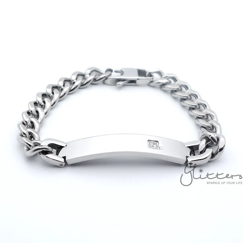 Stainless Steel Men's ID Bracelet with A Cubic Zirconia Stone   Engraving