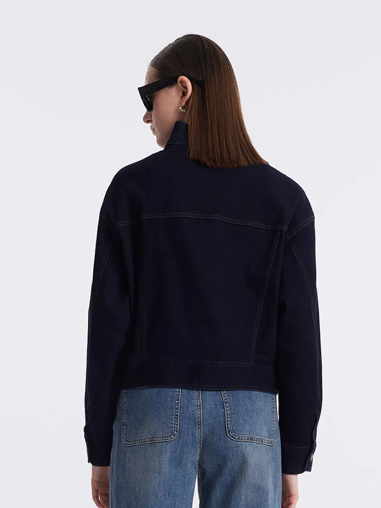 Stand Collar Denim Women Crop Jacket