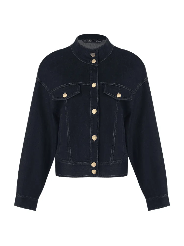 Stand Collar Denim Women Crop Jacket