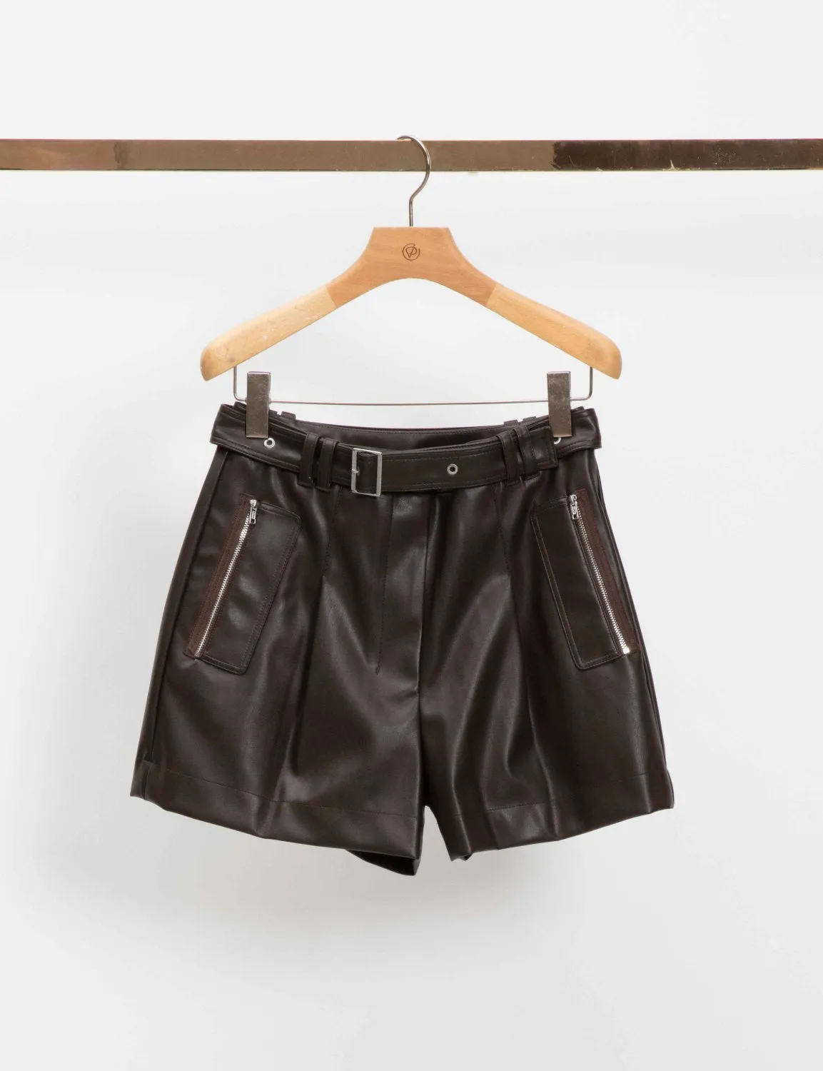 Vegan Leather Belted Waist Utility Shorts