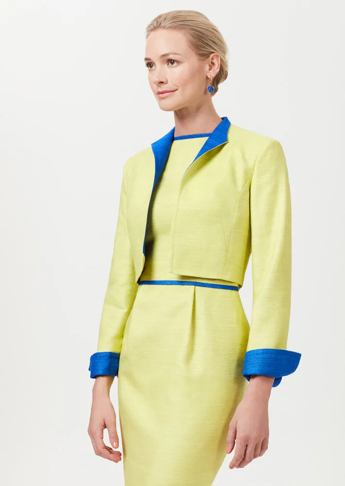 Waist-length Jacket in Lime and Sapphire Raw Silk - Hermione