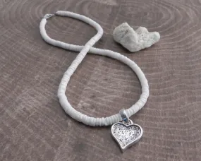 White Pukka Necklace with Textured Heart