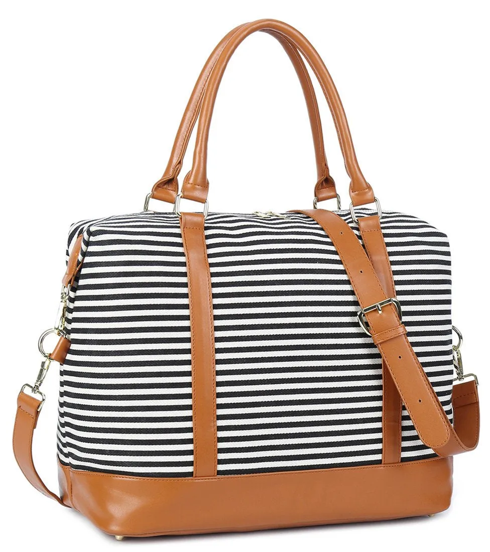 Women Ladies Canvas Weekender Bag Overnight Carry-on Tote Duffel in Trolley Handle (Black Stripe)