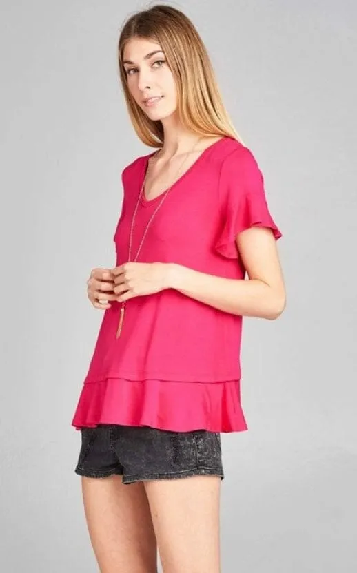 Womens Pink Top | Flutter Sleeve Shirt | Ruffle Hem Solid Tunic