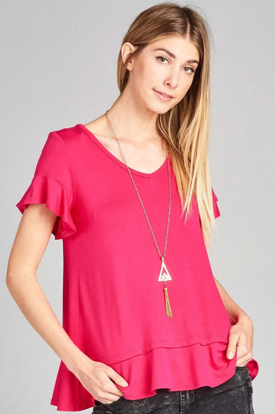 Womens Pink Top | Flutter Sleeve Shirt | Ruffle Hem Solid Tunic