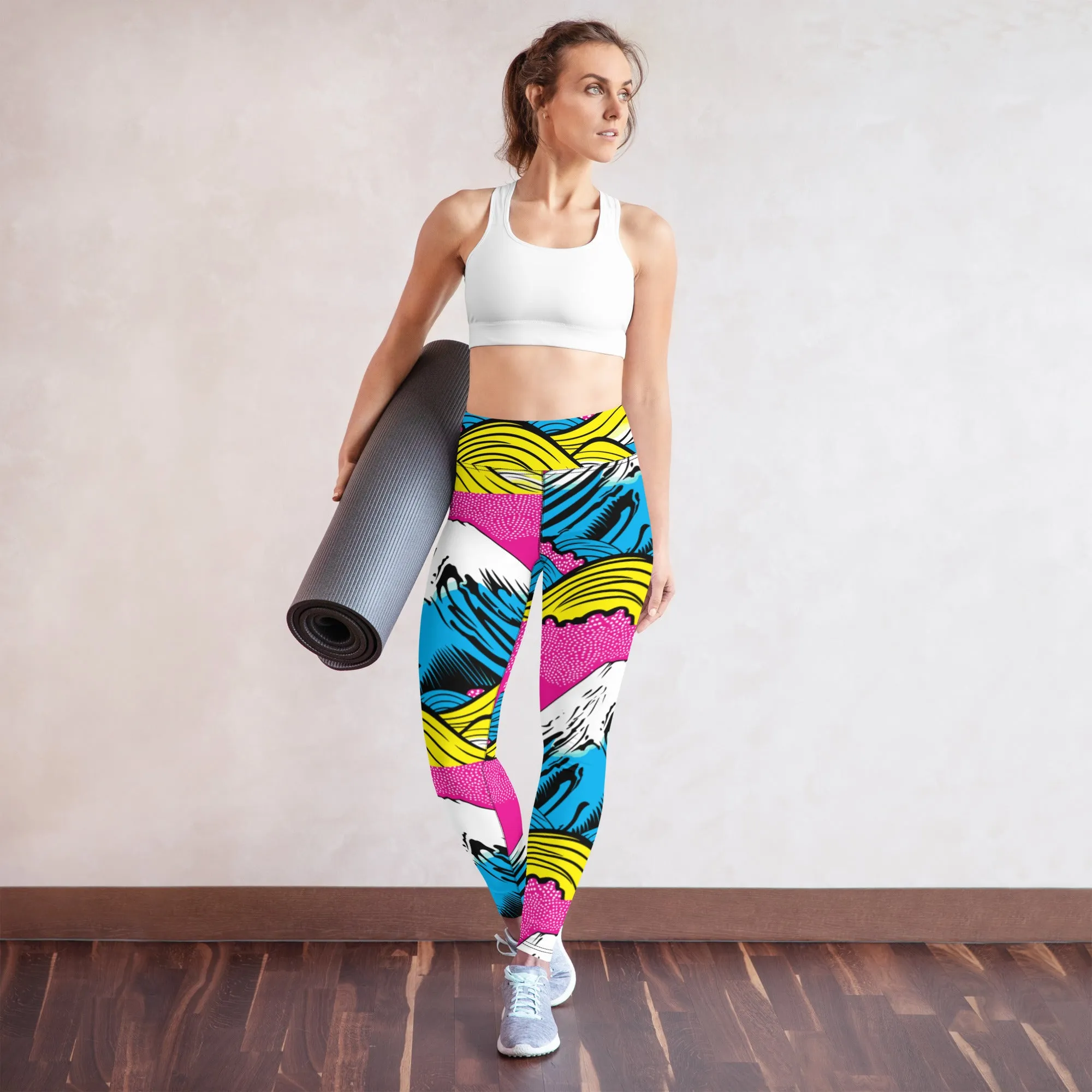 Women's Pop Art Yoga Pants - Roy Lichtenstein Inspired Mt Fuji Print 001