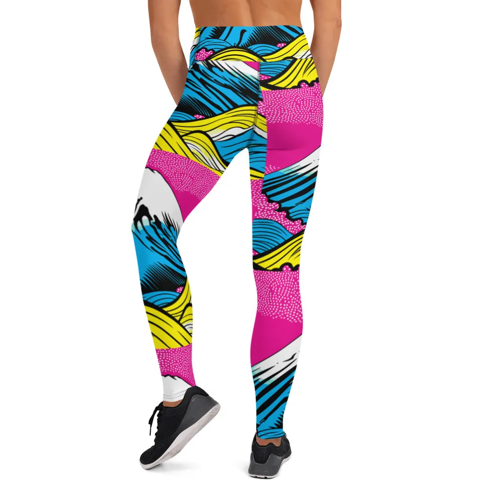 Women's Pop Art Yoga Pants - Roy Lichtenstein Inspired Mt Fuji Print 001