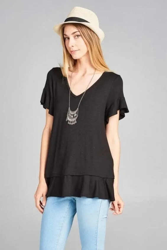 Womens Ruffle Hem Black Top, Short Sleeve Shirt, Sizes S/M/L, Solid Black