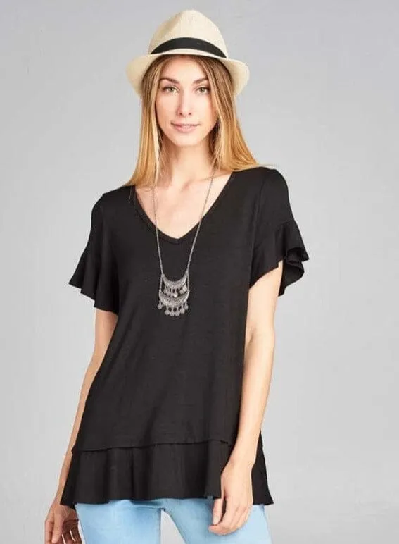 Womens Ruffle Hem Black Top, Short Sleeve Shirt, Sizes S/M/L, Solid Black